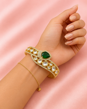 Stylish Gold-Plated Emerald Green Polki Hinged Kada For Party Wear