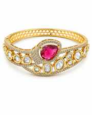 Royal Ruby Red Polki Kada for Women | Gold-Plated Kundan Cuff Bracelet with Adjustable Hinge