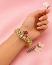Royal Ruby Red Polki Kada for Women | Gold-Plated Kundan Cuff Bracelet with Adjustable Hinge