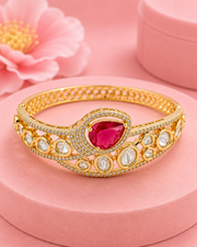 Royal Ruby Red Polki Kada for Women | Gold-Plated Kundan Cuff Bracelet with Adjustable Hinge