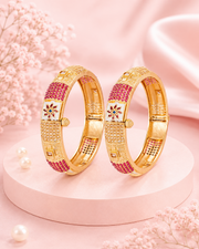 Traditional Gold Plated Pearl & Ruby Studded Openable Kadas | Jadau Style Moti Work Artificial Bangle Set for Women | Pack of 2