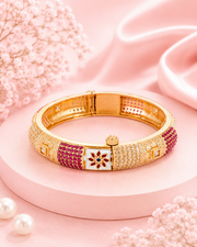 Traditional Gold Plated Pearl & Ruby Studded Openable Kadas | Jadau Style Moti Work Artificial Bangle Set for Women | Pack of 2