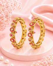 Traditional Gold Plated Gokhru Style Openable Kadas | Ruby & White Stone Studded Ethnic Bangle Set for Women | Pack of 2