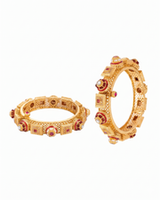 Traditional Gold Plated Ruby & White Stone Pave Openable Kadas | Scalloped Designer Artificial Kangan for Women | Pack of 2
