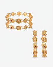 Fancy Geometric Gold-Plated Bangle Set | Stylish Red-White Stone Kangan (Set of 2)