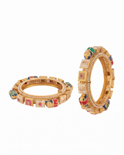 Traditional Gold Plated Gokhru Style Openable Kadas | Ruby & White Stone Studded Ethnic Bangle Set for Women | Pack of 2