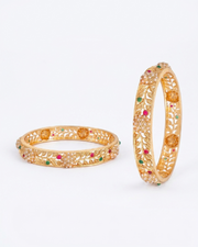 Stylish Partywear Gold Plated Pearl Kada | Fancy Red Green Stone Bangles (Set of 2)
