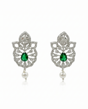 Fancy Emerald Green & AD Stone Stylish Stud Earrings with Pearl Drops (Partywear)