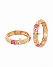 Traditional Gold Plated Pearl & Ruby Studded Openable Kadas | Jadau Style Moti Work Artificial Bangle Set for Women | Pack of 2