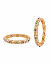 Fancy Partywear Gold Plated Pearl Kada Set | Stylish Red Green Stone Bangles (Set of 2)