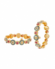 Traditional Gold Plated Artificial Bangle Set for Women | Ruby Red Stone Floral Ethnic Kada with Pearl Border | Pack of 2