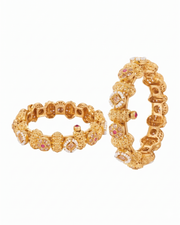 Traditional Gold Plated Pearl & Ruby Studded Openable Kadas | Ethnic Moti Work Artificial Jewelry Bangles for Women | Pack of 2