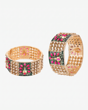 Fancy Gold Plated Vine & Pearl Kada | Stylish Red Green Stone Bangles (Set of 2)