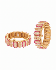 Traditional Gold Plated Artificial Bangle Set | Ruby & Emerald Stone Ethnic Kada with Pearl Border | Pack of 2