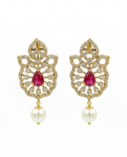 Fancy Ruby Pink Stone Earrings with Pearl Drop | Stylish Partywear Studs