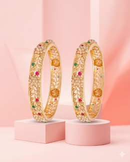 Stylish Partywear Gold Plated Pearl Kada | Fancy Red Green Stone Bangles (Set of 2)
