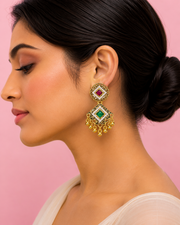 Fancy Gold Plated Partywear Red-Green Stone Earrings | Trending Traditional Pearl Danglers