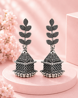 Fancy Leaf Design Oxidized Jhumka | Stylish Antique Silver Earrings | Trendy Partywear Jhumki