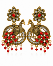 Stylish Antique Peacock Jhumka | Fancy Red Stone Earrings | Partywear Ethnic Earring for Women