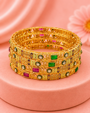 Stylish Gold-Plated Filigree Bangle Set (4 Pcs) - Red & Green Stones