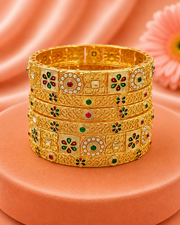 Traditional Gold-Plated Meenakari Kada Bangles for Women | Floral Filigree Work with Green & Maroon Enamel