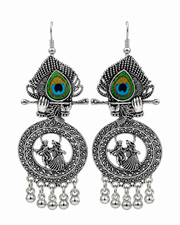 Fancy Krishna Peacock Feather Oxidized Silver Earrings | Stylish Partywear Earrings for Women