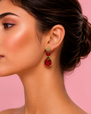 Fancy Ruby Red Stone Gold Plated Earrings | Stylish Partywear Drop Earrings for Women