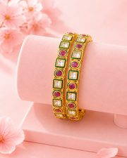 Traditional Gold Plated Antique Openable Kada Bangles for Women | Ruby & Kundan Floral Work Adjustable Bracelet | Gold & Red | (Pack of 2)