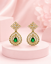 Fancy Stylish Emerald Green Teardrop Earrings | Partywear Gold Plated Stone Earrings