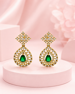 Fancy Stylish Emerald Green Teardrop Earrings | Partywear Gold Plated Stone Earrings
