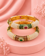 Traditional Rajwadi Bangles for Women | Gold Plated Meenakari Pearl Kada with Adjustable Screw | Ethnic Enamel Jewelry for Wedding & Festive Wear | Green & Red | Set of 2