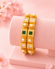 Traditional Gold Plated Multi-Color Stone & Pearl Studded Openable Bangles for Women | Antique Temple Jewelry | Pack of 2