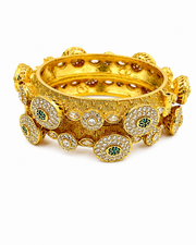 Fancy Emerald Green & White Stone Openable Kadas | Stylish Antique Gold Plated Bangles (Set of 2)