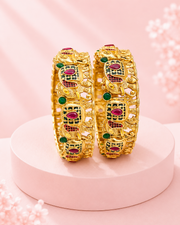 Stylish Antique Matte Gold Bangles / Fancy Temple Kangan / Partywear Kada Set Of 2
