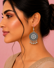 Trendy Fancy Oxidized Silver Mirror-Work Chandbali / Stylish Partywear Earrings for Women