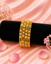 Stylish Emerald Green & White Stone Bangles / Fancy Gold Plated Chudi Set (4 Pcs)