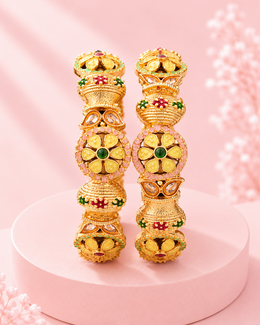Traditional Gold Plated Meenakari Kada Bangles for Women | Set of 2 Antique Kundan Studded Floral Bangles | Festive & Wedding Wear