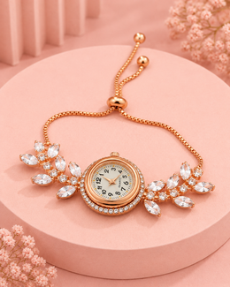Stylish Rose Gold Fancy AD Stone Watch Bracelet | Partywear Adjustable Bracelet Watch