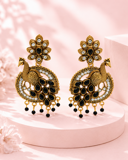 Alloy Gold-plated Black Stone Peacock Chandbali Earring