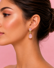 Fancy Rose Pink Teardrop Stylish Earrings / Partywear Gold Plated Dangler