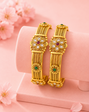 Traditional Gold Plated Antique Temple Bangles for Women | Ruby & Emerald Studded Floral Filigree Kada Set | Adjustable Openable Kada | Matte Finish | Pack of 2