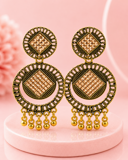 Trendy Antique Gold Geometric Earrings | Stylish Partywear Earring | Champagne Stone Studded Fancy Jhumka