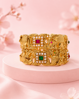 Royal Elephant Motif Temple Kada Set - 2 Heavy Partywear Stone & Pearl Bengals