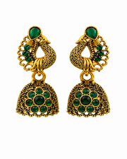 Stylish Peacock Green Stone Fancy Jhumki Earrings - Viral Partywear Jewellery