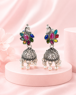 Peacock Motif Oxidized Silver Jhumka Earrings with Multi-Color Stones