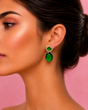 Fancy Emerald Green Partywear Earrings | Stylish Gold Plated Stone Drops | Trending Jewellery for Women