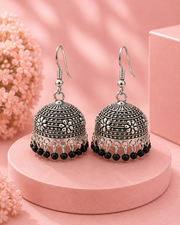 Fancy Partywear Oxidized Silver Black Bead Jhumka Earrings – Stylish & Trending