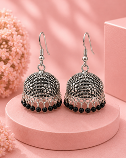 Fancy Partywear Oxidized Silver Black Bead Jhumka Earrings – Stylish & Trending