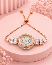 Stylish Rose Gold AD Studded Bracelet Watch - Fancy Adjustable Free Size Ghadi