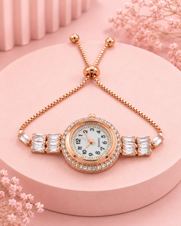 Stylish Rose Gold AD Studded Bracelet Watch - Fancy Adjustable Free Size Ghadi